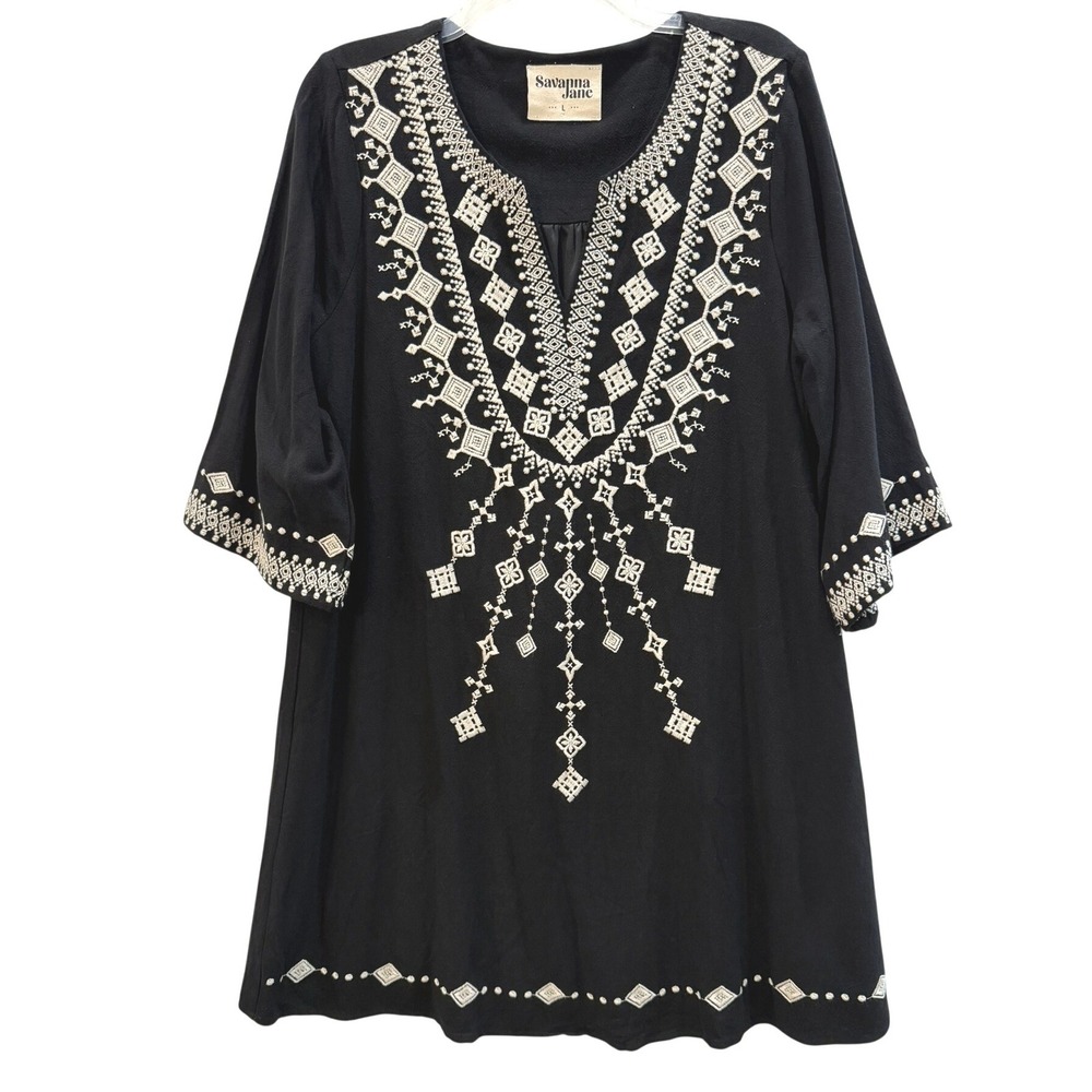 Savanna Jane Black White Embroidered Linen Blend Tunic Dress Women's Large Boho